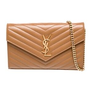 YSL Saint Laurent Leather Cassandre Envelope Chain Wallet Medium Brown